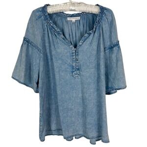 Jane + Delancey Women's Lyocell Denim Tunic Top L Short Sleeve Ruffle Blue